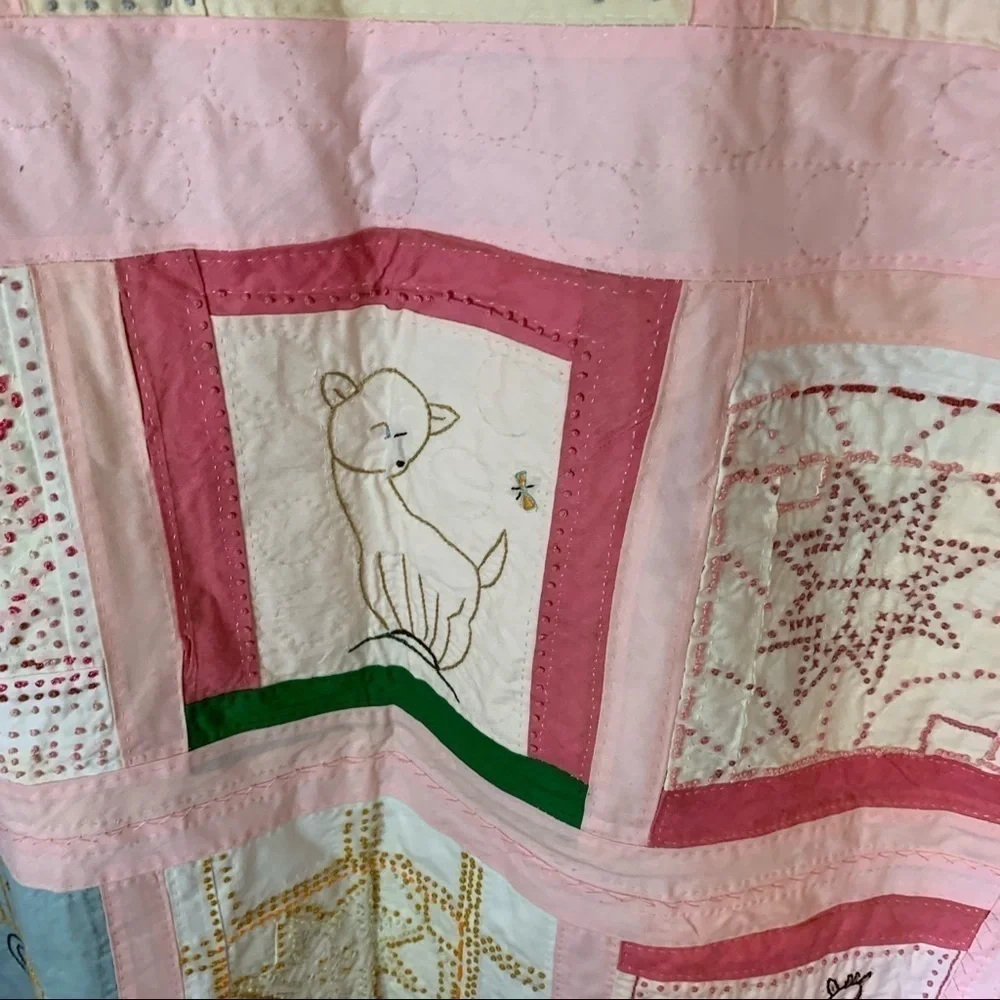 Vintage Handmade Baby Quilt Double Sided Patches 48” x 33”